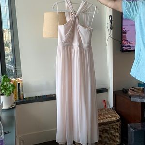 Blush pink maxi bridesmaid dress. Weddington Way.